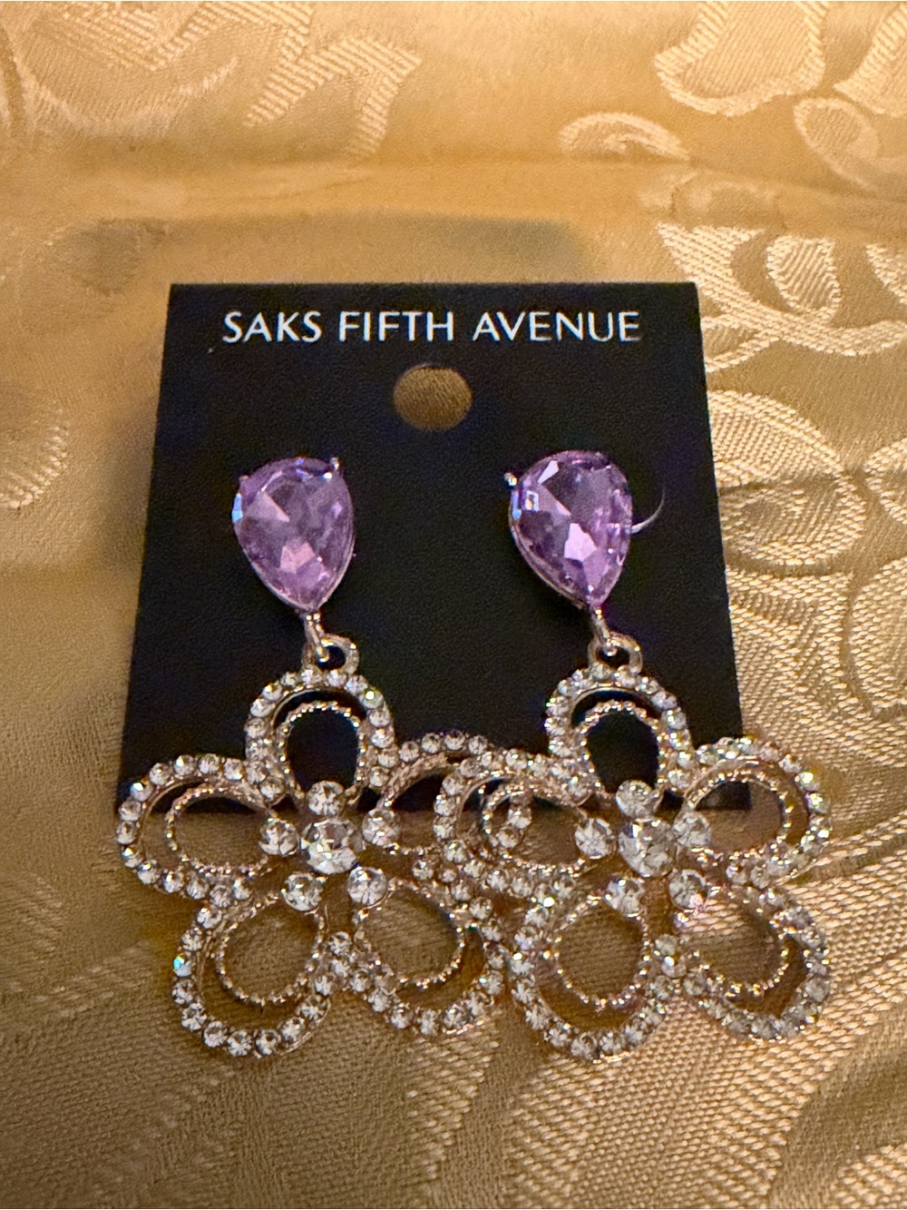 Saks Fifth Avenue Purple and Clear Crystal Floral Drop Earrings